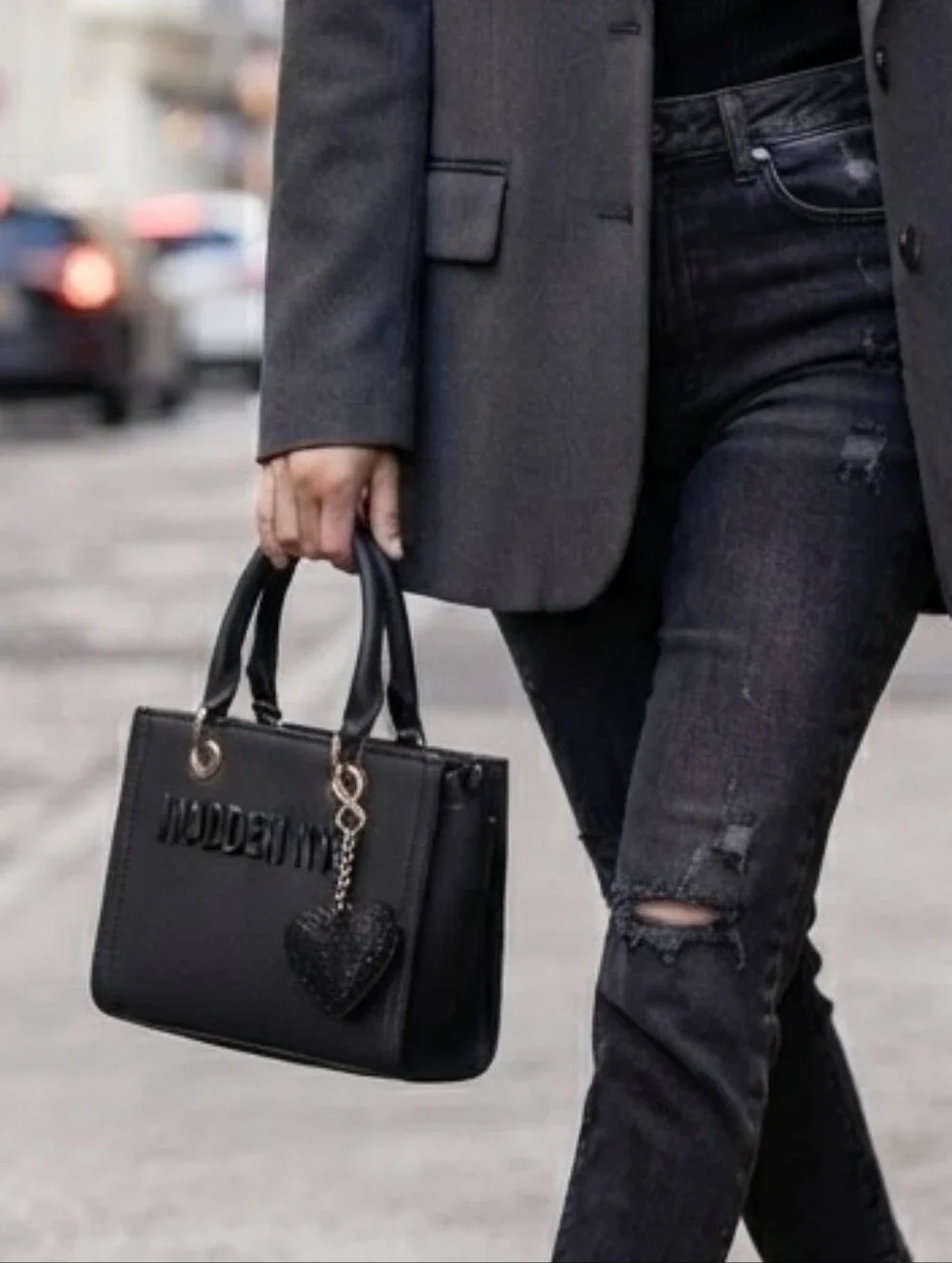 Madden NYC Black Top-Handle Satchel with Heart Charm